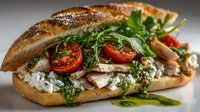 Gourmet sandwich with grilled chicken, fresh arugula, cherry tomatoes and pesto sauce on artisan bread. Delicious healthy lunch meal for restaurant menu design.