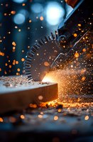 Circular saw blade cutting metal with bright orange sparks flying against dark background, dramatic industrial close-up showing metalworking process in action.