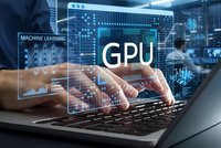 Professional developer working on laptop with GPU computing interface and machine learning algorithms displayed in holographic overlay technology.