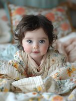 Adorable toddler with bright blue eyes and dark curly hair lying on bed in floral pattern nightwear, looking directly at camera with sweet expression.