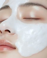 Young Asian woman with closed eyes applying white facial mask for skincare routine and spa treatment at home.
