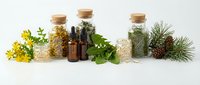 Natural herbal medicine bottles with cork stoppers, dried herbs, essential oil vials, fresh green leaves and pine cones arranged on white background.