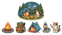 Camping scene with tent, campfire, backpack, lantern, and cat isolated on white background, ready for design use on apparel and merchandise.