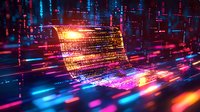 Glowing digital matrix with binary code streams in motion against dark background, featuring neon blue and orange light trails for technology concepts.