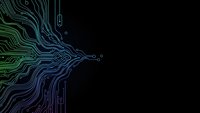 Digital circuit board pattern with glowing green and blue electronic pathways on black background for technology and innovation designs.