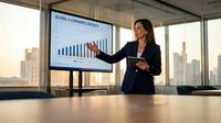 Professional businesswoman presenting global economic growth data on large screen in modern corporate office with city skyline view during golden hour.
