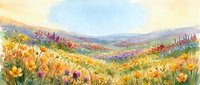 Sunny wildflower meadow in soft watercolor style, rolling hills with colorful blooms in yellow, orange, and purple under a bright sky.
