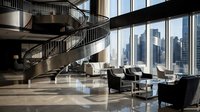Modern luxury office interior with curved staircase and city skyline view through floor-to-ceiling windows for corporate business design.
