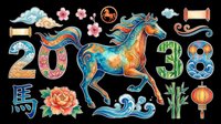 Chinese zodiac horse clipart set with decorative elements, peony, bamboo, lantern, clouds, waves, isolated on transparent background for stickers, sublimation, t-shirt design.