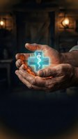 Close-up of mature male hands holding glowing medical cross symbol with neon blue light effect, representing healthcare, wellness, and medical services for hospital and clinic concepts.