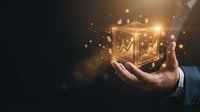Businessman holding glowing cube with upward arrow symbol, representing financial growth, investment success, and business analytics for corporate and finance concepts.