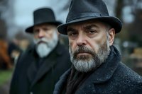 Mature Caucasian man with gray beard wearing dark fedora hat and wool coat in urban winter setting with blurred figure in background for storytelling projects.