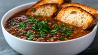 Hearty lentil soup garnished with fresh chopped parsley and toasted bread slices in white ceramic bowl, served on gray stone surface. Comfort food for cold days.