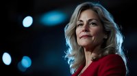Confident mature blonde businesswoman in red blazer looking upward with determination against blurred city lights background for corporate leadership concepts.
