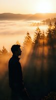 Man standing on mountain overlooking misty valley at sunrise, silhouetted against golden light filtering through evergreen forest, contemplative outdoor adventure scene.