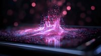 Glowing pink digital particles form dynamic wave pattern rising from smartphone screen with bokeh effect in dark background, creating futuristic technology concept.