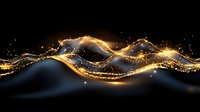 Glowing golden wave with sparkling particles and light trails flowing on dark background, abstract luxury design element for festive decoration.