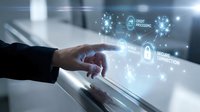 Businessman hand touching digital interface with glowing cybersecurity icons, padlock and network symbols representing secure data protection and encrypted connection technology.