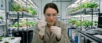 Female scientist examining plant sample in modern hydroponic laboratory with LED grow lights and green seedlings on shelves for agricultural research.