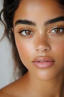 Close-up portrait of young mixed race woman with natural freckles, brown eyes, and flawless skin showing minimal makeup look against light background.