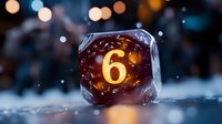 Glowing amber gaming dice with number six showing on dark background with bokeh lights and snow, creating magical winter atmosphere for tabletop games.