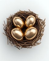 Four golden eggs nestled in brown twigs nest on white background, symbolizing wealth, investment and financial security concept. Isolated object for design use.