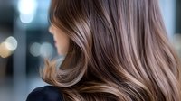 Professional woman with glossy brown hair featuring caramel highlights in soft waves. Modern balayage hairstyle for beauty and hair care concepts.