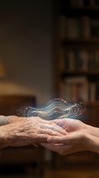 Elderly and young hands holding glowing digital waves representing intergenerational knowledge transfer and technology connection in warm indoor setting.