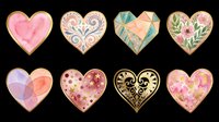 Watercolor heart collection with gold borders, featuring floral, geometric, and ornate designs, isolated on transparent background. Great for stickers, cards, and t-shirt design.