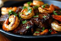 Grilled beef steak and jumbo shrimp with fresh herbs served on black cast iron skillet, close up view of surf and turf dinner with charred meat and seafood.
