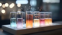 Glowing glass containers with colorful illuminated liquid and bubbles arranged in row on dark surface, creating magical atmospheric mood for party decoration.