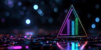 Glowing neon triangle with purple and green light effects on dark background with bokeh lights and reflective surface creates futuristic cyberpunk atmosphere.
