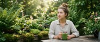 Young Caucasian male botanist or gardener holding fresh green smoothie surrounded by lush plants and foliage in outdoor garden setting for wellness and healthy lifestyle content.