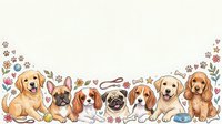 Adorable puppies border frame with paw prints and pet accessories on white background for greeting cards, invitations and dog lover designs.