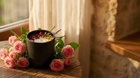 Cozy morning scene with black coffee mug and fresh pink roses on wooden table by sunny window creating warm atmospheric home interior mood.