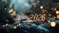 Glowing golden 2026 numbers on snowy pine branches with magical bokeh lights and falling snow creating festive new year atmosphere.