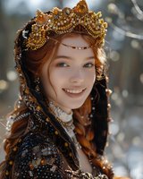 Young woman with red hair wearing ornate golden crown and medieval black velvet dress with pearls smiles warmly against winter bokeh background.