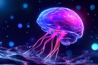 Glowing brain shaped jellyfish in neon pink and blue colors floating in deep water with bokeh light effects, surreal underwater concept art for creative projects.