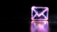 Glowing neon pink email envelope icon with reflection on dark surface, digital communication concept for business and technology marketing.