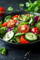 Fresh garden salad with cherry tomatoes, cucumber slices, red onion, and mixed greens garnished with sesame seeds and herbs on dark plate, macro food photography.