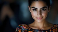Young Mediterranean woman with bright smile and natural makeup wearing floral pattern dress against dark background, soft lighting highlights facial features.