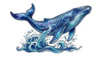 Whale with flowing blue and turquoise waves, isolated on white background. Decorative ocean art suitable for t-shirts, prints, and design projects.