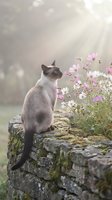 Gray and white cat sitting on moss-covered stone wall gazing at pink and white flowers in soft sunlight. Serene garden scene for nature and pet lovers.