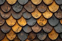 Rustic metal roof tiles in alternating gold and gray colors create overlapping fish scale pattern with weathered, textured surface showing age and character.