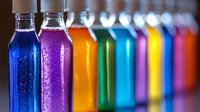Colorful glass bottles filled with vibrant drinks lined up in rainbow order, creating gradient effect with soft bokeh background. Refreshing summer beverages.