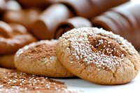 Fresh baked sugar cookies dusted with powdered sugar and cocoa powder on rustic wooden surface, macro food photography with selective focus.