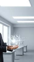 Businessman in dark suit holding glowing geometric wireframe sphere with digital particles in modern bright office space with skylights and minimalist furniture.