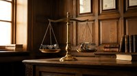 Brass scales of justice on wooden desk with law books and window light in traditional law office setting.