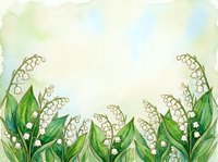 Watercolor lily of the valley border with white bell flowers and green leaves on soft pastel background, perfect for spring greeting cards.
