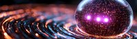 Futuristic digital sphere with glowing pink lights floating above curved metallic surface with circuit patterns, representing advanced technology and innovation.